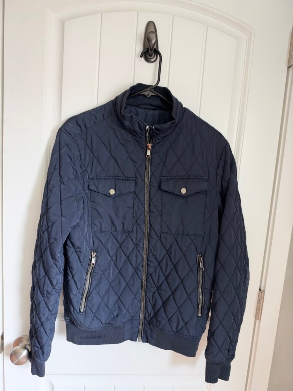 Zara Man Navy Blue Quilted Bomber Jacket Mens M Diamond Quilt Full Zip